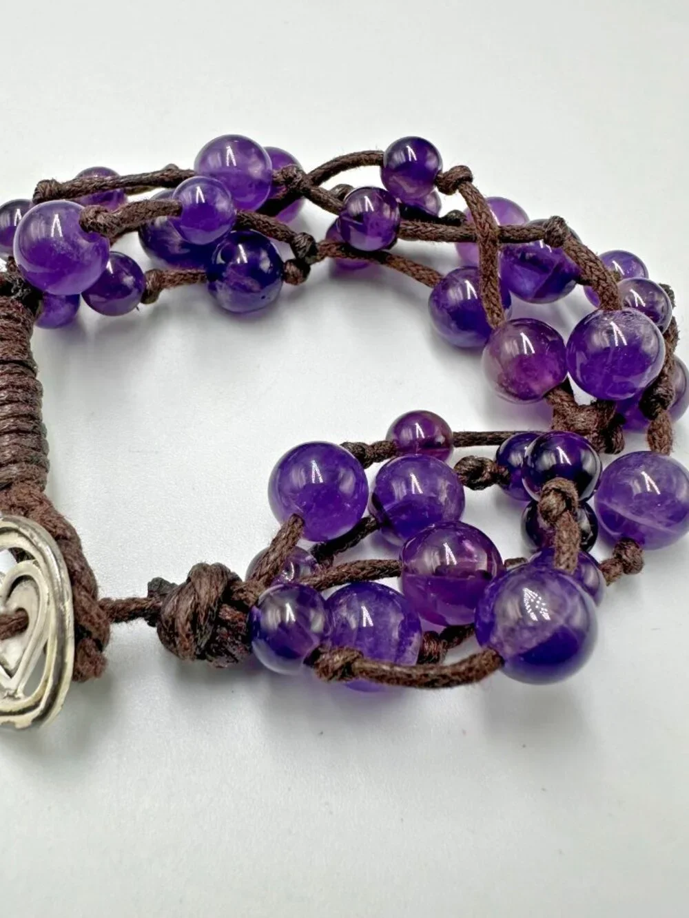 Amethyst Beaded Bracelet Sterling Silver Heart Clasp Brown Cord Bohemian 6